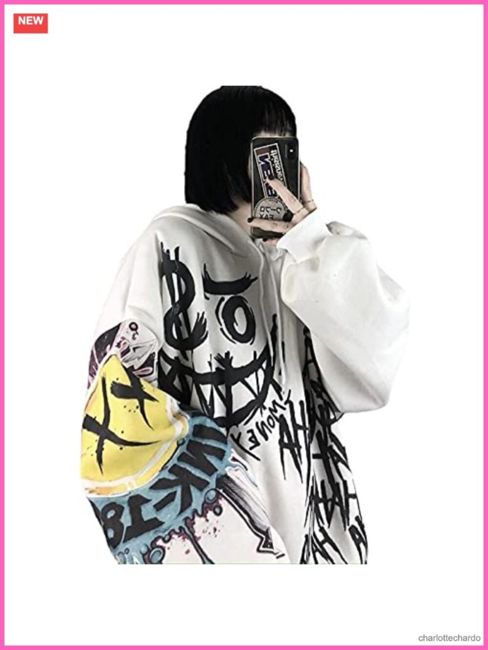 Gothic Hooded Sweater Women's Doodle Print Thick Velvet Lined Long Sleeve